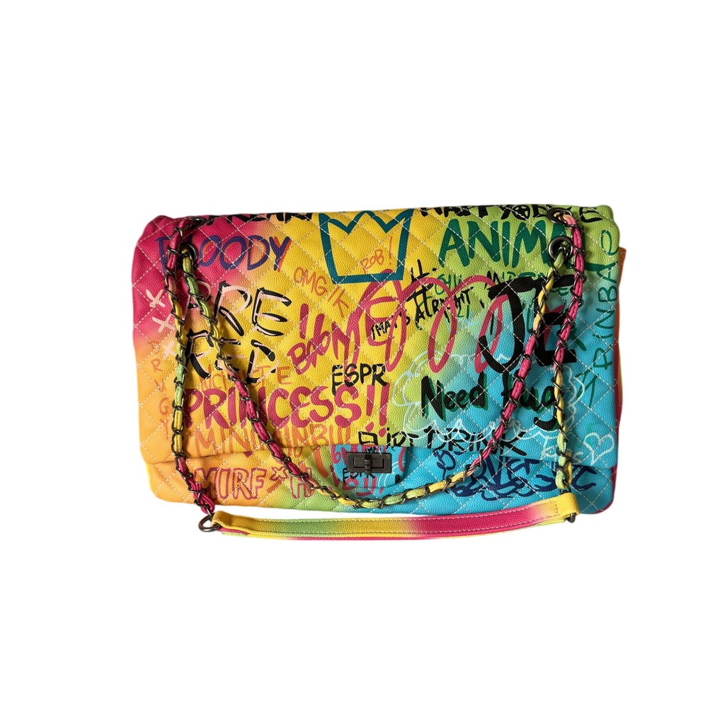 Graffiti Princess Rainbow Quilted Shoulder Bag Street Art Chain Strap Purse KC